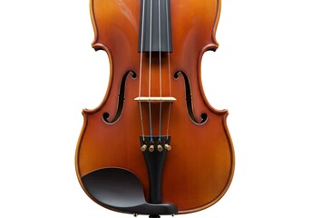 Fototapeta premium Close up shot of a brown violin with strings and f holes on a white background in studio lighting