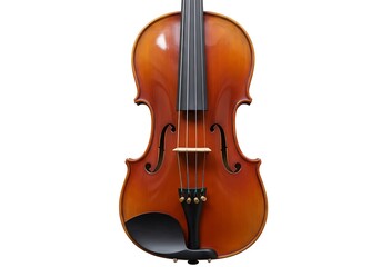 Fototapeta premium A front view of a brown wooden violin with black strings isolated on a white background in a studio shot