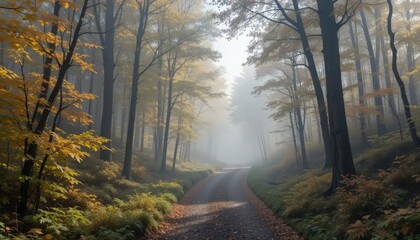 Misty Autumnal Forest Path: A Serene Autumn Drive