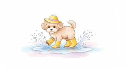 Puppy in Puddle with Yellow Boots and Hat - Adorable fluffy puppy wearing yellow rain boots and hat, happily splashing in a puddle