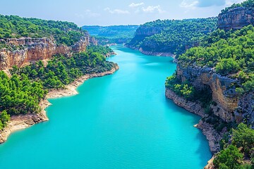 Obraz premium Turquoise river flows through lush green canyon
