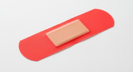 Red Adhesive Bandage on White Background - Close-up view of a single red adhesive bandage with a light beige plaster pad, isolated on a white background