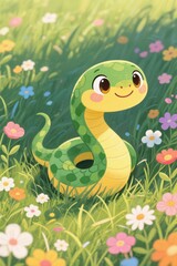 Fototapeta premium there is a cartoon snake that is sitting in the grass