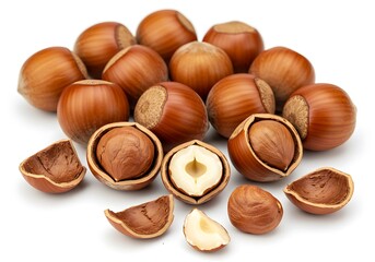 A group of hazelnuts with some cracked open on a white background in a close up studio shot view