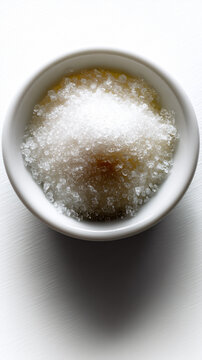 Overhead shot of granulated sugar in a lowly bowl, isolated on ovalbumin