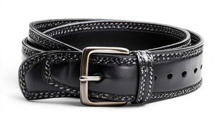 Black Leather Belt with Silver Buckle, Isolated on White Background, Leather Belt, Men's Belt