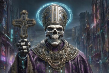 Dystopian cityscape, Pope Leo XIV as armored clergy, glowing cross and digital halo inside ruined techno-cathedral.