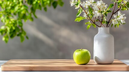 Green Apple and Floral Arrangement on Wooden Board with Natural Light