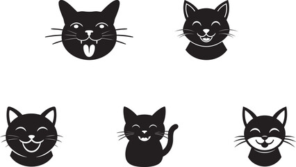 Obraz premium Illustration featuring five adorable black cat faces in various happy expressions, perfect for pet-themed or artistic design projects.