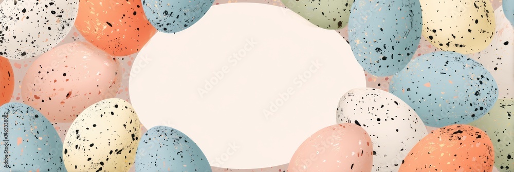 Poster Colorful Speckled Eggs With Pastel Textures Framed in Empty Space for Text Generative AI