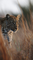 Fototapeta premium Panthera pardus walking through tall grass in its rude habitat.