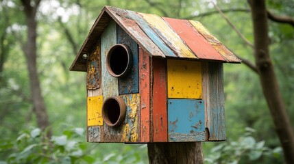 Colorful wooden birdhouse in a park setting.  Wooden birdhouse with multiple colors and textures.  Unique design with various panels of wood