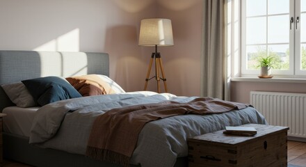 Serene Bedroom Sunrise - Peaceful morning sunlight streams into a cozy bedroom, highlighting a comfortable bed and inviting atmosphere. Concepts: tranquility, warmth, comfort, relaxation, rejuvenation