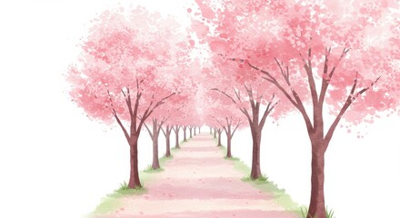 Obraz premium Serene Cherry Blossom Path Clipart - A picturesque path lined with blossoming pink cherry trees, symbolizing spring, tranquility, beauty, new beginnings, and hope