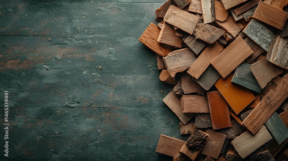Poster rustic background of a scattered heap of various wooden planks logs and scrap materials with ample n
