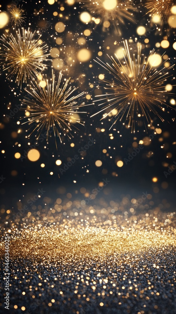 Poster golden sparkles on dark background with bokeh effects