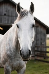 Obraz premium there is a white horse standing in a field near a barn