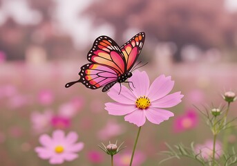Pink Butterfly on Cosmos Flower in Field