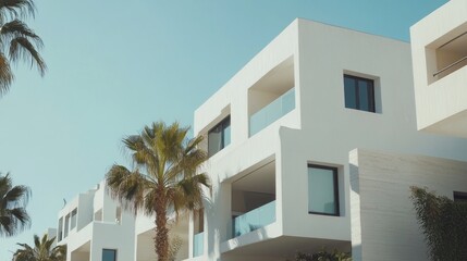 Modern white apartment complex near palm trees