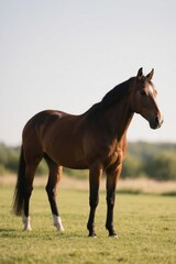 there is a brown horse standing in a field of grass
