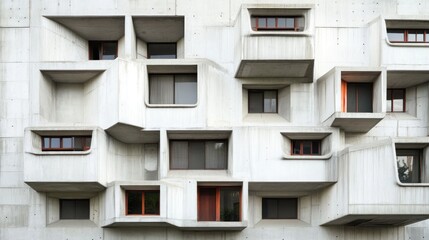 Modern concrete apartment building facade with unique recessed windows