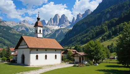 Alpine Church Amidst Majestic Peaks: A Serene Mountain Village