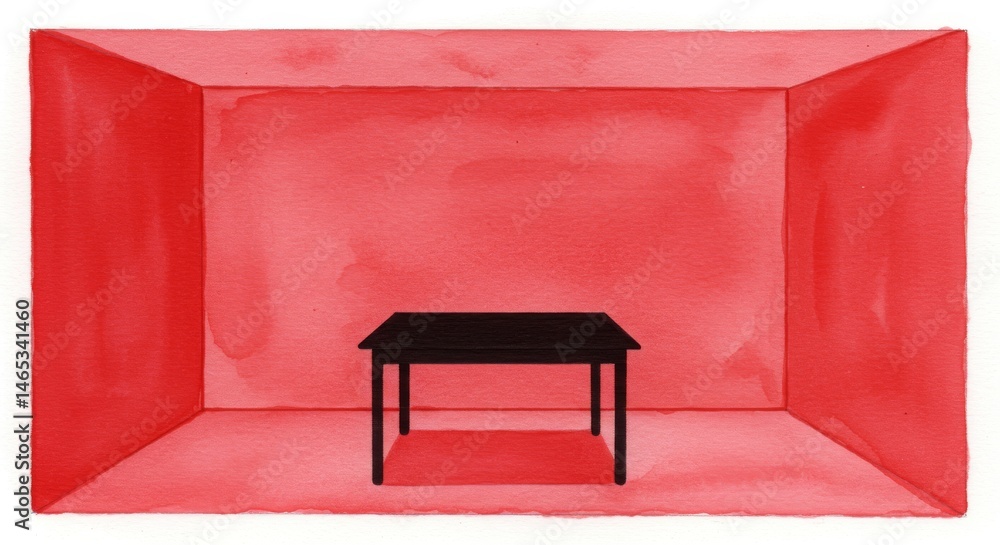 Poster simple room with table - a minimalist illustration of a simple room with a black table against a red