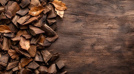 Close up view of a large pile of shredded textured brown wood chips and bark pieces arranged on a weathered vintage wooden surface