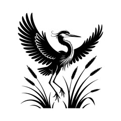 Majestic Heron in Flight: A striking monochrome depiction of a heron, wings outstretched, poised above reeds. It exudes grace and strength, a true representation of nature's elegance.