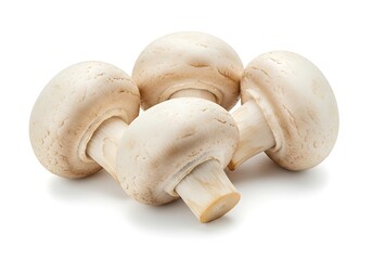 A close up shot of four white button mushrooms stacked together on a white surface with soft shadows