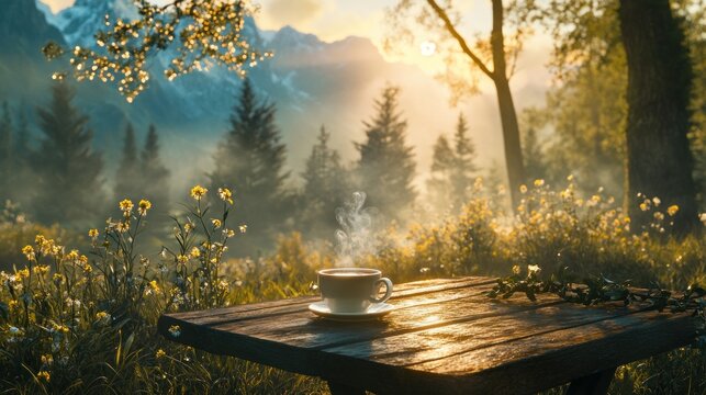 Morning coffee in a mountain meadow
