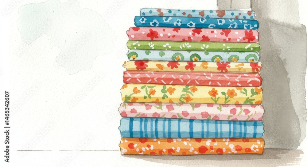 Poster stack of colorful fabric bolts by window - a vibrant stack of patterned fabrics sits near a window, 