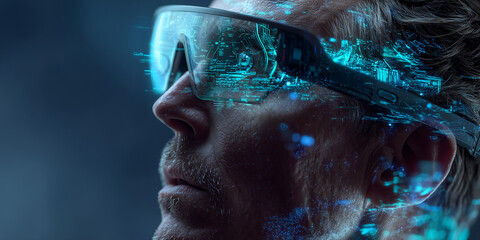 Close-up of man wearing augmented reality glasses, displaying cyan digital data overlay, showcasing technological advancement and future innovation