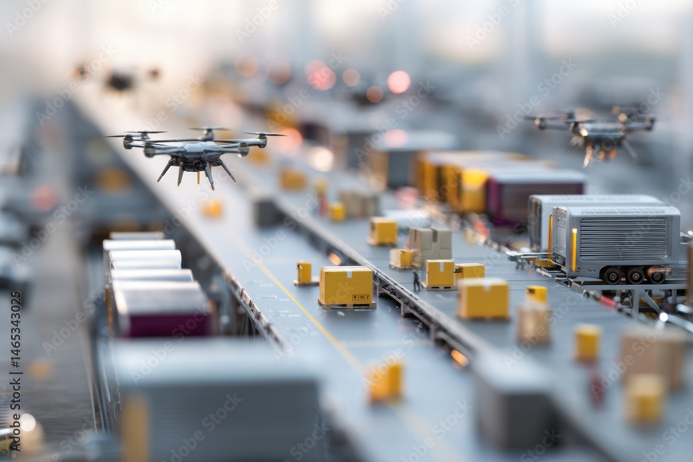 Leinwandbilder smart logistics city hub operates with drones and conveyor belts for efficient package delivery and 