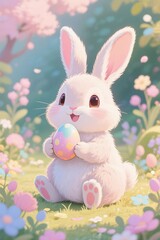 Obraz premium there is a white rabbit sitting in a field with a painted egg