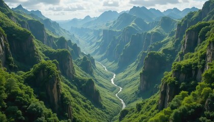 Fototapeta premium Serene Green Mountains River Valley Landscape Photography