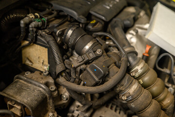 diesel car engine in a mechanical workshop