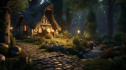 Fototapeta premium A photo of a cozy cottage in a forest setting.