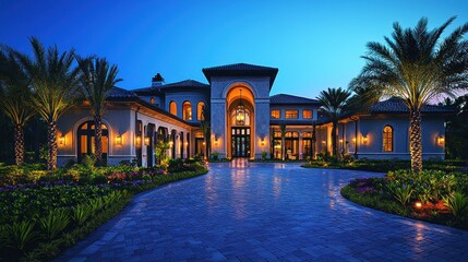 Fototapeta premium Grand Villa Illuminated estate at dusk