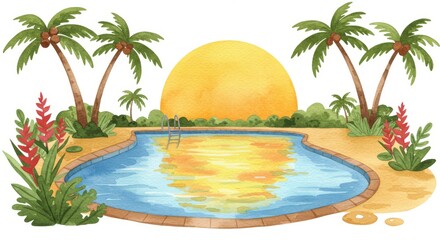 Obraz premium Sunset Poolside Paradise Clipart - Relaxing tropical scene, sunset reflecting in pool, palm trees, vibrant flowers, peaceful escape. Symbolizes tranquility, vacation, warmth, paradise
