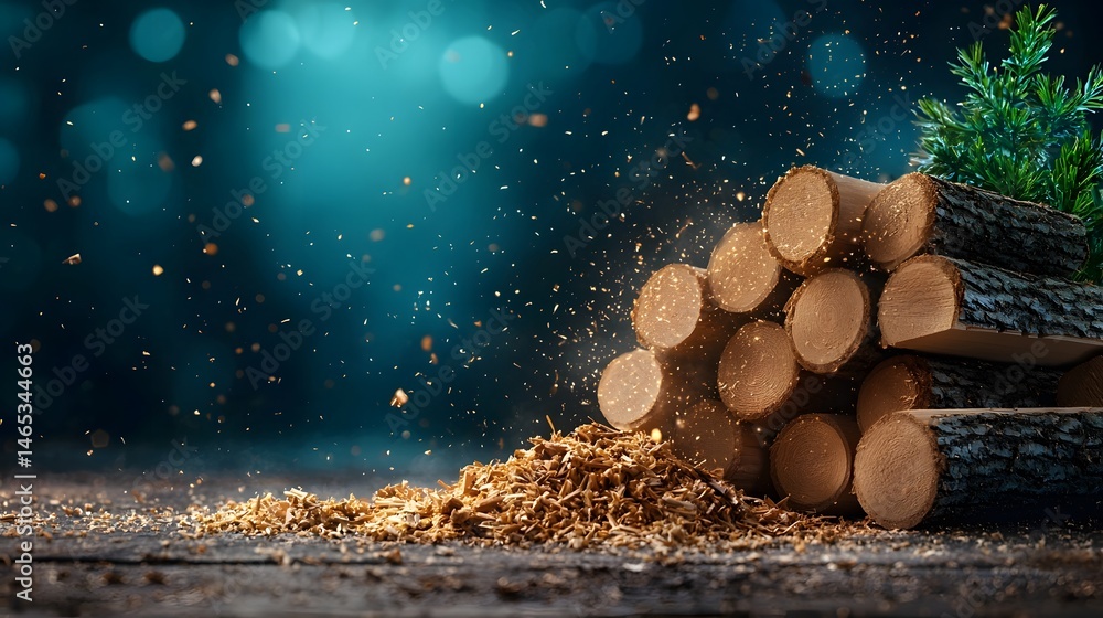 Poster a rustic and atmospheric image of a neatly stacked pile of wooden logs bathed in a soft magical glow