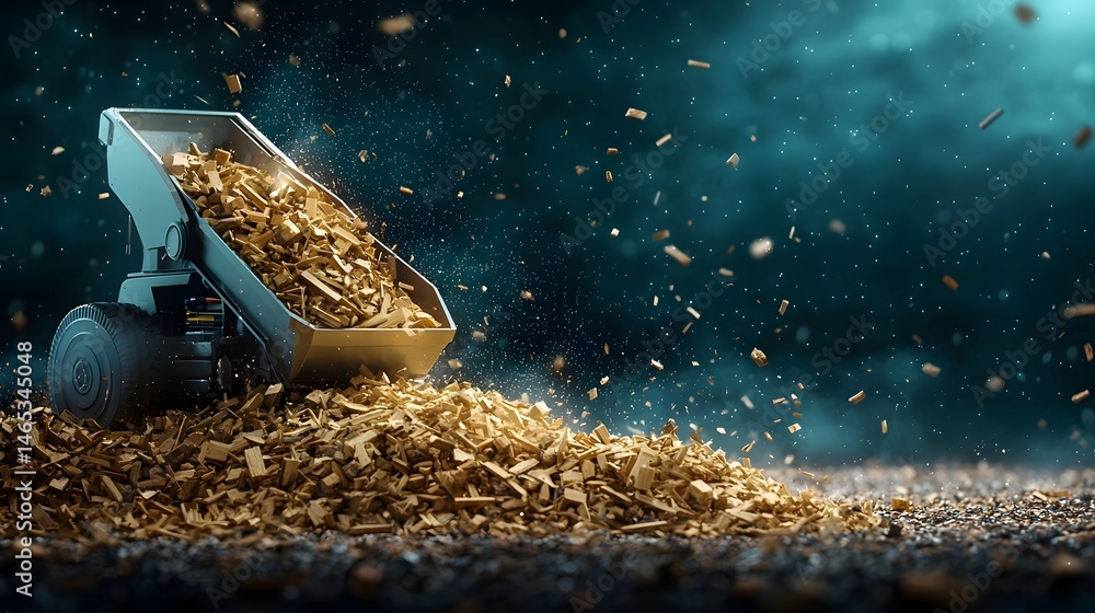 Poster a high tech recycling system scanning and processing wood waste with holographic displays providing 