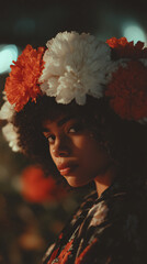 Photo of an afro hairdo woman with flowers in her hair, showcasing beauty and a confident portrayal