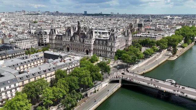 City Hall At Paris In France Island France. Beautiful Medieval Building. Downtown Cityscape. City Hall At Paris In France Island France. Government Building Skyline. French Capital City.