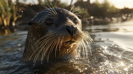 Close-up of otter emerging from water