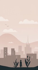 Obraz premium Silhouette Woman Cityscape Minimalist Pastel Art