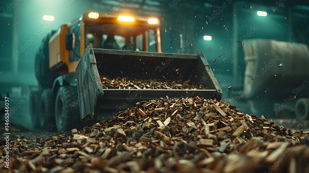 Poster an automated recycling facility processing and sorting various wood types and materials for reuse an