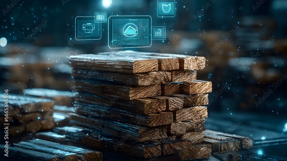 Poster a stack of compressed wood waste blocks with futuristic holographic classification icons hovering ab