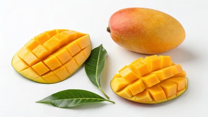 Fresh Mango Still Life Whole, Sliced and Leaf Detail on White, Tropical fruit, Food photography