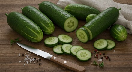 Still life with whole and sliced cucumbers, knife, towel, and spices nearby, wooden surface
